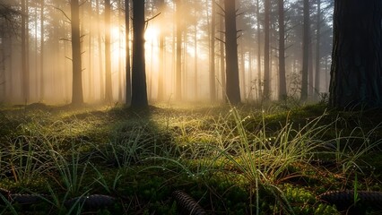 Misty pine forest at sunrise