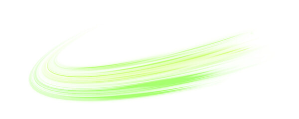 Twisting green and yellow neon streaks flow diagonally on a transparent PNG. Vector curved lines create glowing motion trails. Bright luminous lines and sparkling particles show dynamic speed.