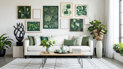 modern living room with sofa, Contemporary living room with white sofa, decorative pillows, sculptural objects, coffee table with tea set, and wall art in green tones. Mock up paintings.