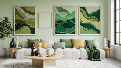 modern living room with sofa, Contemporary living room with white sofa, decorative pillows, sculptural objects, coffee table with tea set, and wall art in green tones. Mock up paintings.