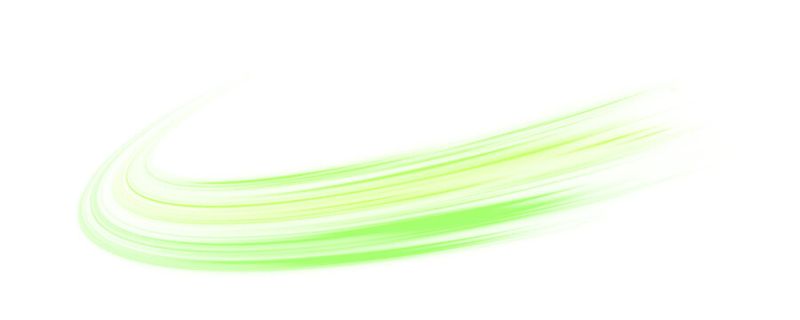 Twisting green and yellow neon streaks flow diagonally on a transparent PNG. Vector curved lines create glowing motion trails. Bright luminous lines and sparkling particles show dynamic speed.