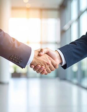A firm business handshake between two professionals in suits. Bright, modern office space bathed in sunlight. Collaboration begins.