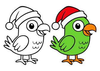 Dibujo sencillo con líneas de loro simpático con sombrero de Santa Claus para tarjetas y felicitaciones de Navidad