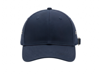 Closeup view of a dark navy blue baseball cap with adjustable strap, isolated on transparent background isolated on transparent background