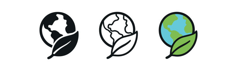 eco friendly earth icons three icons with small planet and hugging leaf one flat solid monochrome one thin black outline black and white one full color flat icon blue and green