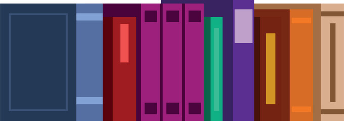 Pixel art illustration of colorful books standing in a row on a simple bookshelf