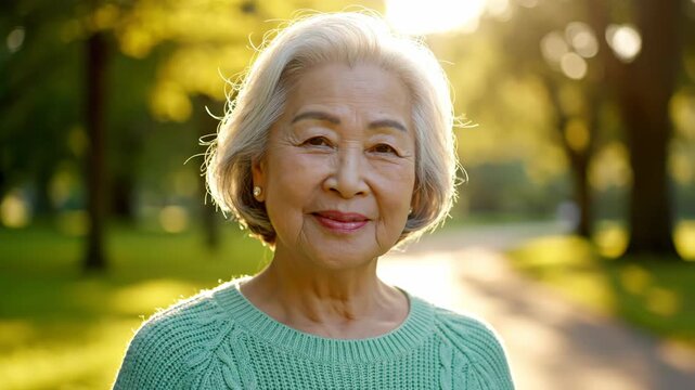 Smiling elderly asian woman with white hair wearing a teal sweater enjoying a sunny day outdoors in a park setting