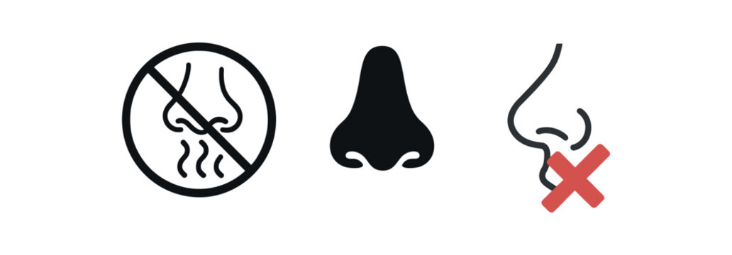 fragrance free nose icons three icons with tiny nose outline and wavy aroma lines crossed one flat solid monochrome one thin black outline black and white one full color flat icon with soft