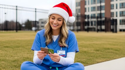Woman in scrubs and santa hat sitting on grass looking at cards