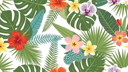 Fototapeta premium Lush tropical foliage and vibrant flowers create an exotic, seamless pattern