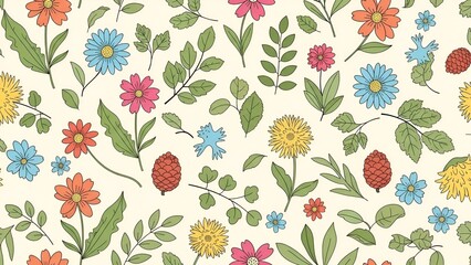 Seamless floral pattern with colorful flowers, leaves, and pine cones arrangement