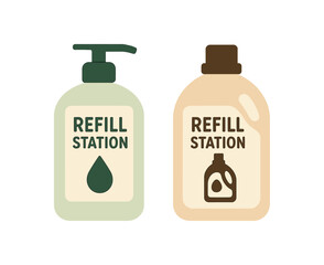 Flat vector illustration 2 refill station bottles with simple labels rounded shapes zero contain theme