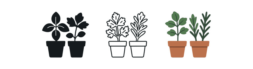 herb gardening hobby icons three small pot silhouettes with labeled herb leaves one flat solid monochrome one thin black outline black and white one full color flat icon green and terracotta