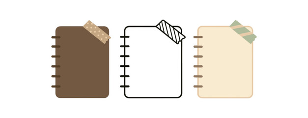 journaling with washi tape icons three notebook silhouettes with small strip shapes along edge one flat solid monochrome one thin black outline black and white one full color flat icon soft