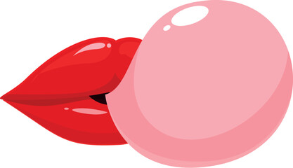 Red lips blowing pink bubblegum on white background