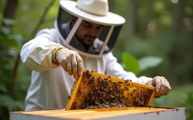 A beekeeper harvests honey from a hive. High quality