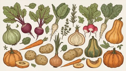 Vintage vegetables illustration with pumpkins, onions, carrots and beetroot