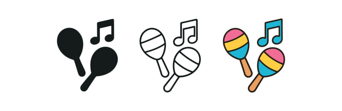 music for kids icons three small drum maracas and note silhouettes grouped one flat solid monochrome one thin black outline black and white one full color flat icon bright playful tones