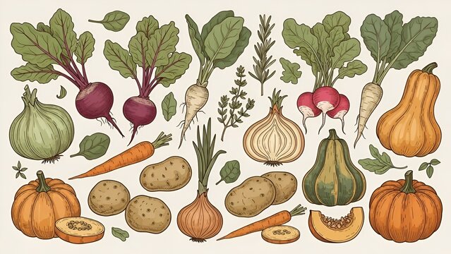 Vintage vegetables illustration with pumpkins, onions, carrots and beetroot