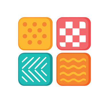 Flat vector illustration 4 toy blocks with simple textile patterns rounded edges bright playful colors