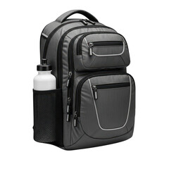 Modern dark gray laptop backpack with multiple zippered compartments and a side mesh pocket holding a white water bottle, isolated on transparent background isolated on transparent background