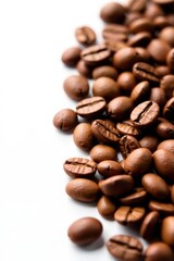 Light brown coffee beans clustered on white background, coffee beans, backdrop, detail