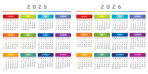 Calendrier 2025 et 2026 en Anglais - Couleurs Arc-en-Ciel Multicolore Format 4 Trimestres Vecteur