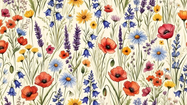 Watercolor meadow flowers seamless pattern with botanical illustration for design