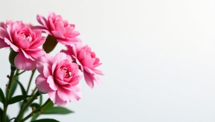 Fototapeta premium Several fresh pink carnations, studio shot, pristine white background , petals, vivid