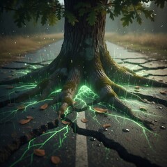 Nature's Reclamation: Tree Roots Cracking Through Asphalt with Green Energy