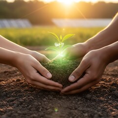 Hands Nurturing a Glowing Green Seedling in Golden Light