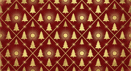 Obraz premium Gold geometric Christmas tree pattern with radiant elements on red festive background