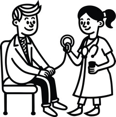Fototapeta premium Friendly doctor checking patient with stethoscope, offering caring healthcare in a simple, professional line art, symbolizing wellness, trust, and medical expertise