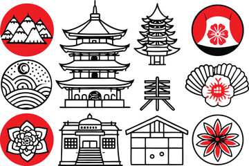 Naklejka premium Explore the beauty of Japanese culture with this stunning collection of iconic symbols, perfect for adding an authentic touch to any design project or travel theme
