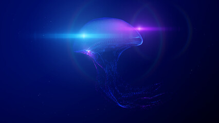 Jellyfish shape composed of flowing data particles, symbolizing neural network or AI learning model. Visualizes complex data flow, algorithmic patterns for tech presentations and data science content.