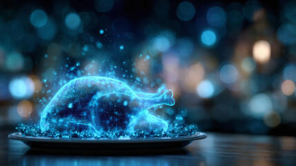 A digital, glowing rendition of a roasted bird, displayed on a plate against a blurred, bokeh-lit backdrop. Tech-inspired culinary art.