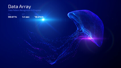 Jellyfish shape composed of flowing data particles, symbolizing neural network or AI learning model. Visualizes complex data flow, algorithmic patterns for tech presentations and data science content. © Saibarakova Ilona