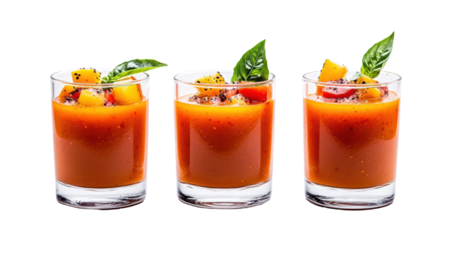 Chilled gazpacho in glasses with garnish  on transparent background