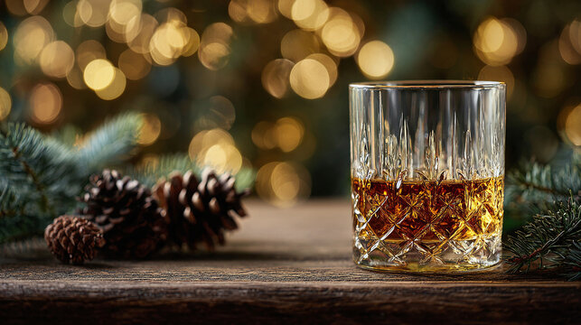 Relax with a glass of golden liquor. Enjoy your evening with holiday cheer. A warm drink, a holiday background, and a comfortable winter.