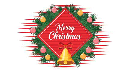 Merry christmas greeting on red banner, framed by festive wreath of green pine branches, adorned with pink and orange baubles and a golden bell, for seasonal promotions and holiday celebrations.