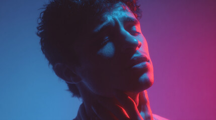 A close-up portrait of a man bathed in striking blue and red light, evoking a sense of drama and introspection. His eyes are closed.
