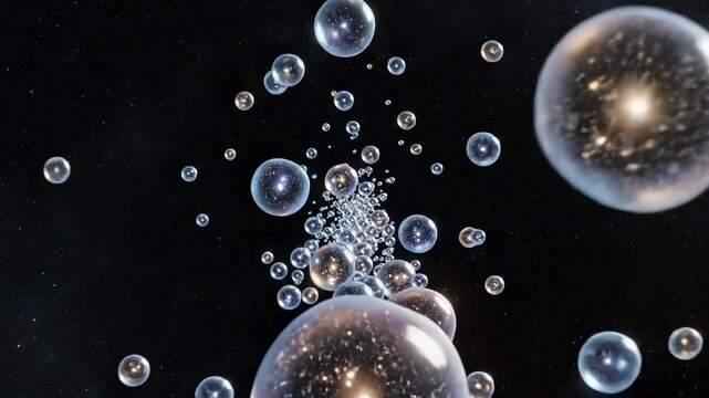 Abstract visualization of the multiverse theory with many bubble universes floating in dark space with bright stars inside