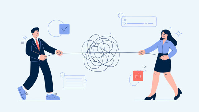 business people untangling a complex knot, vector illustration for problem-solving, teamwork, and simplifying complexity