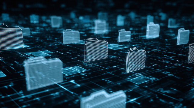 Digital folders hover on a circuit board-like grid, illuminated in bright blue, representing data storage and management concepts. - Powered by Adobe
