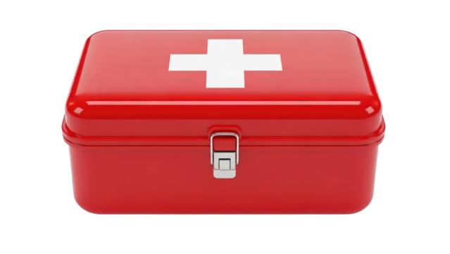 Red first aid kit isolated on white background