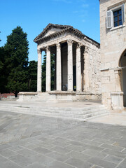 Forum square. Pula, Croatia with Roman Forum building.