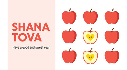 Rosh Hashanah greeting card with &ldquo;Shana Tova&rdquo; message and grid of red apples, including sliced ones with heart-shaped seeds. Light pink and red design symbolizes sweet wishes for the Jewish New Year.