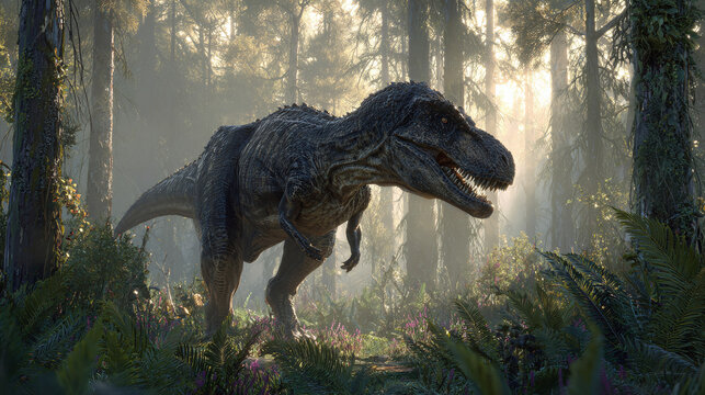 A mighty Tyrannosaurus Rex roams through a lush prehistoric forest filled with ferns, capturing the essence of the ancient world.