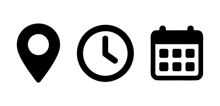 Calendar, clock, and location pin icons. Time, date, and address icon vector set for events, banner, poster, meeting, agenda, invitation and business cards
