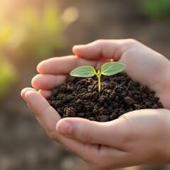 Young Hands Nurturing a Sprouting Seedling in Sunlight